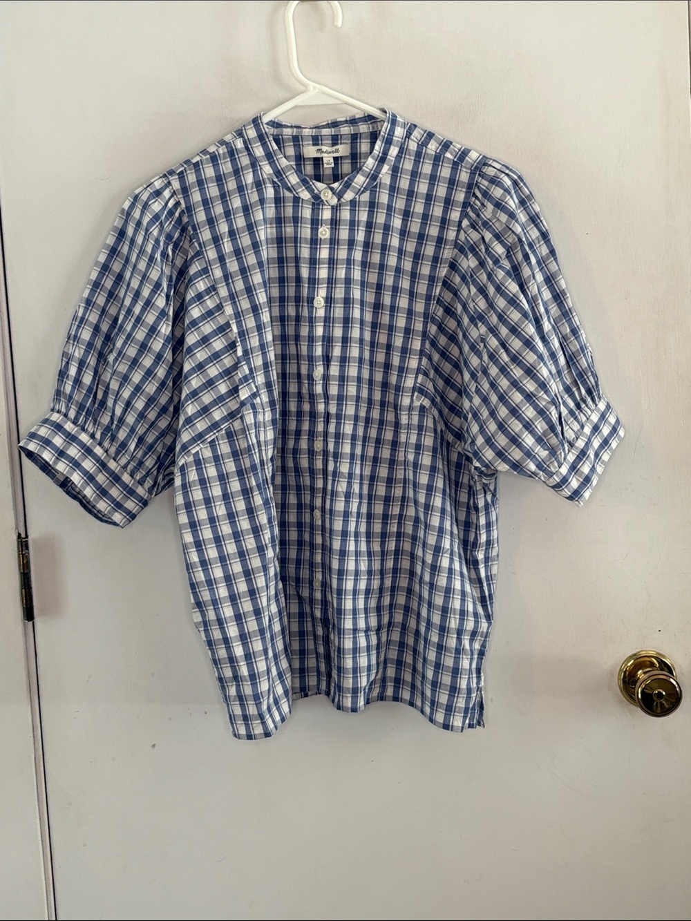Madewell Tessa blue white plaid short sleeve button down shirt Size 12